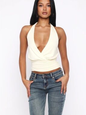 With Jean Cream Halter Surplice Wrap Tank NWT size S